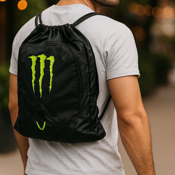 Black Monster Energy Drawstring Backpack 20"x14" Nylon Gym Bag Monster Logo - Picture 1 of 6